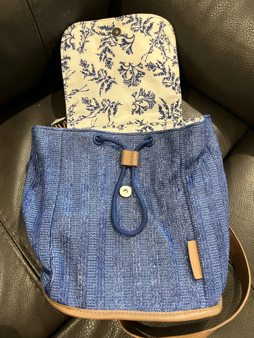 Vera Bradley Small Blue Turtle Embroidered Backpack with Tan Trim
